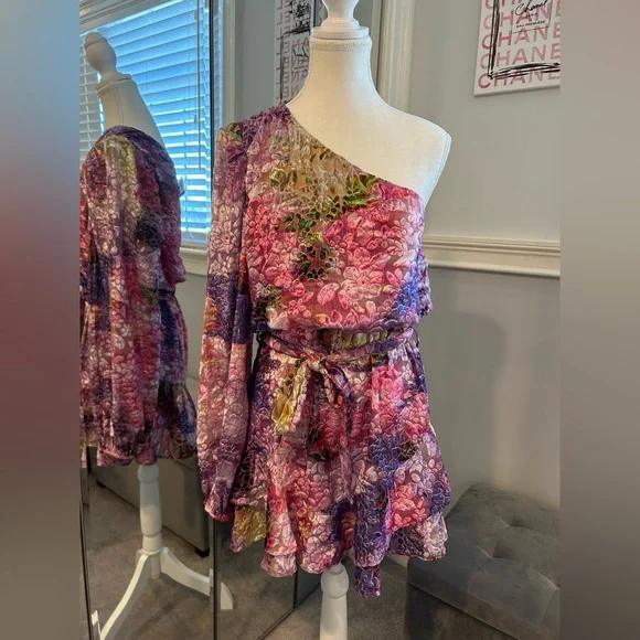 HEMANT & NANDITA Anay Burnout Velvet One shoulder mini dress size Small - Picture 6 of 13